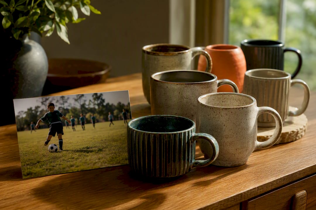 Soccer photo beside collected coffee mugs