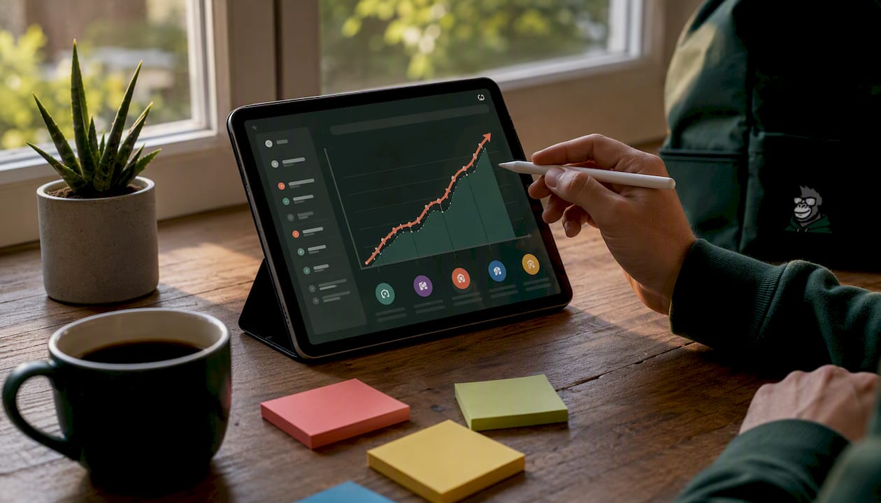 Stylus pointing at gamified progress graph on tablet screen