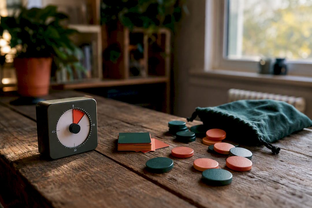 Colorful game tokens and timer on table