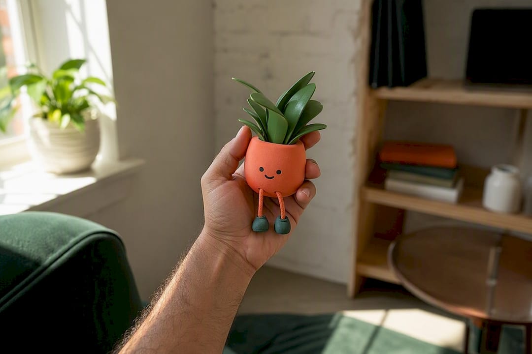 Hand holding playful desk item for virtual check-in