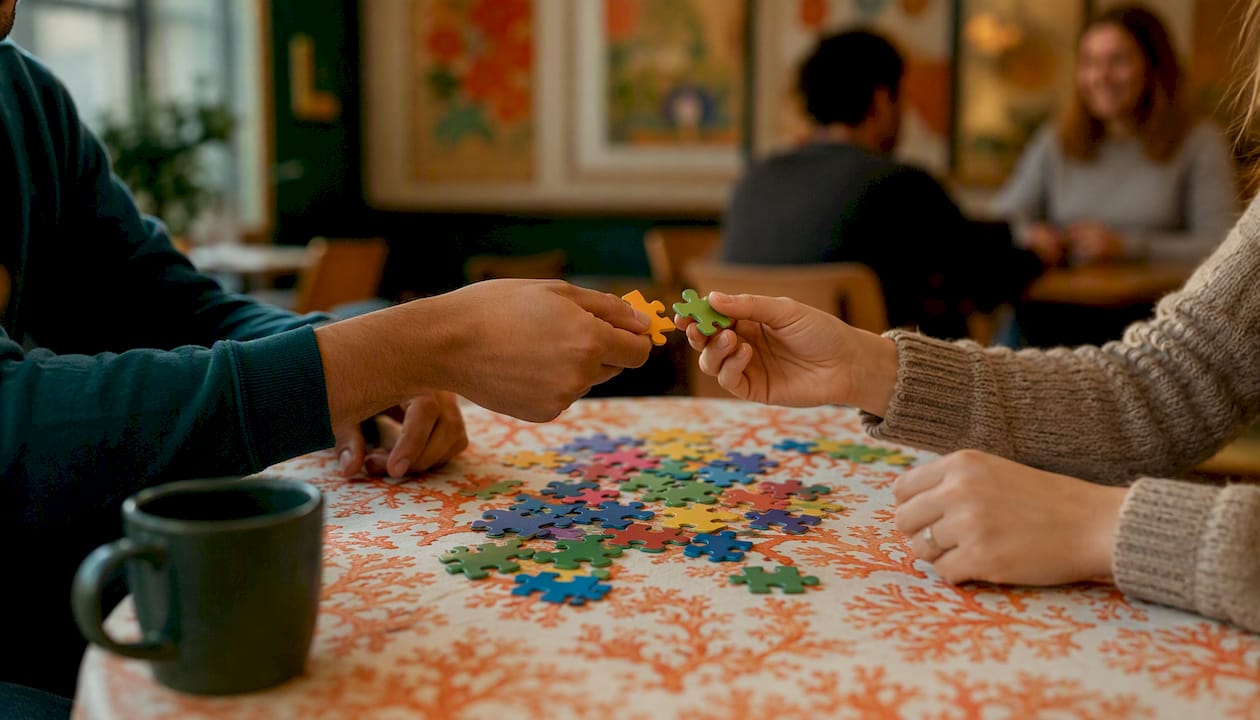 Hands exchanging puzzle pieces during teamwork activity