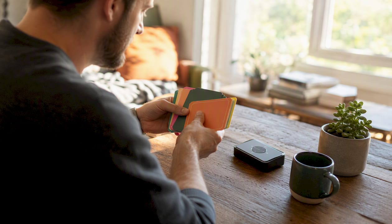 Hands shuffling quiz cards with timer