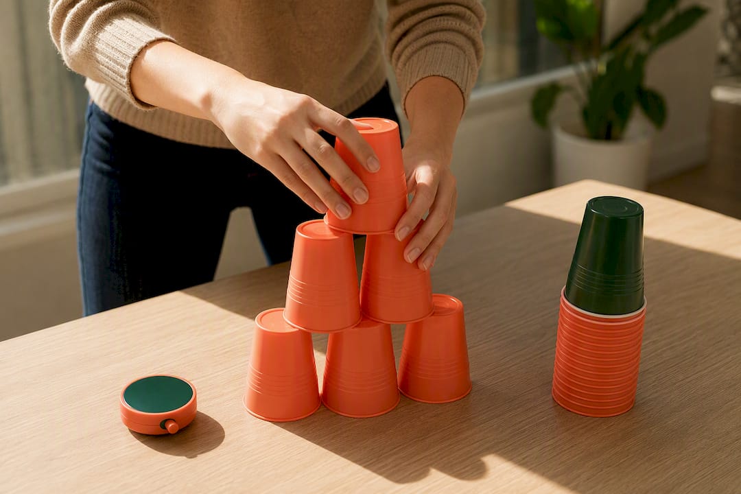 Hands racing to stack cups