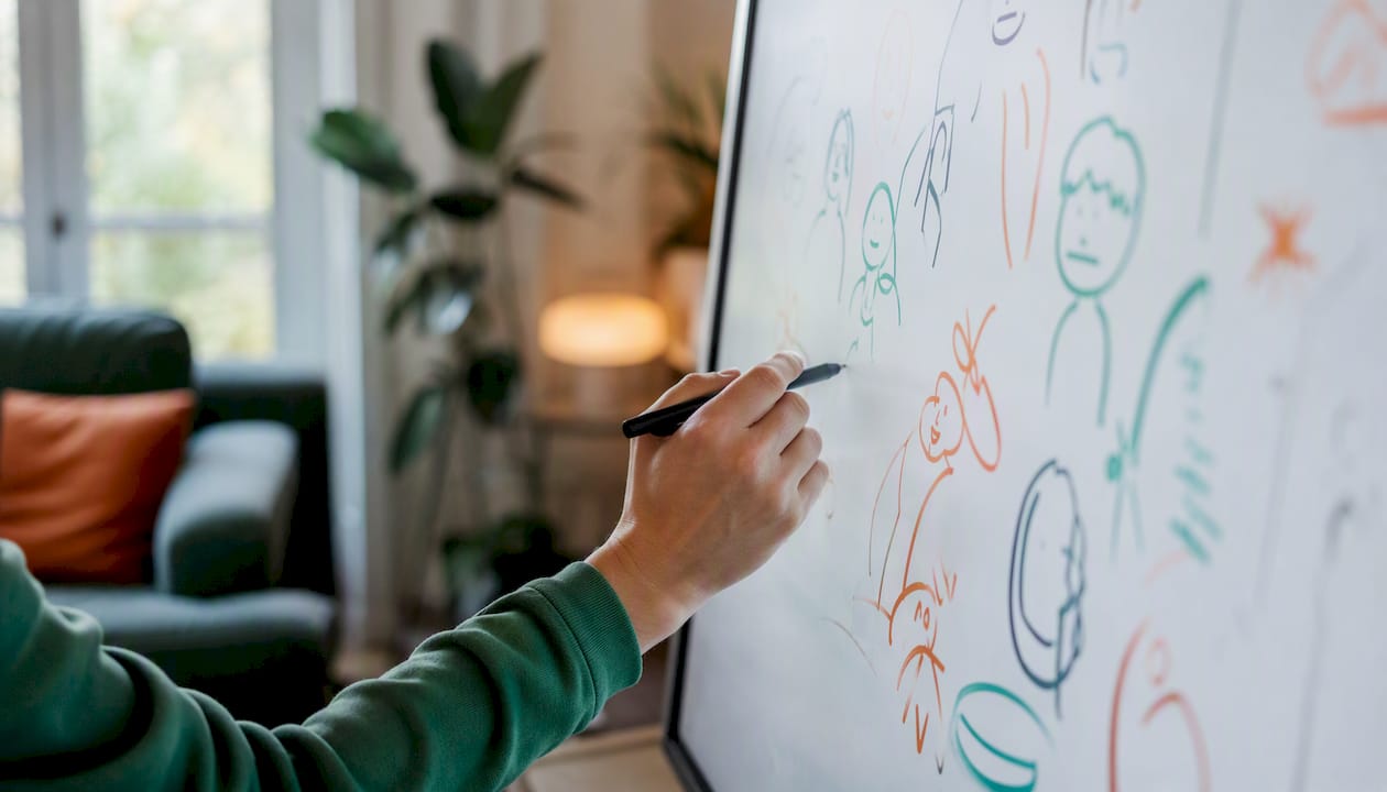 Hand holding stylus over blank digital whiteboard