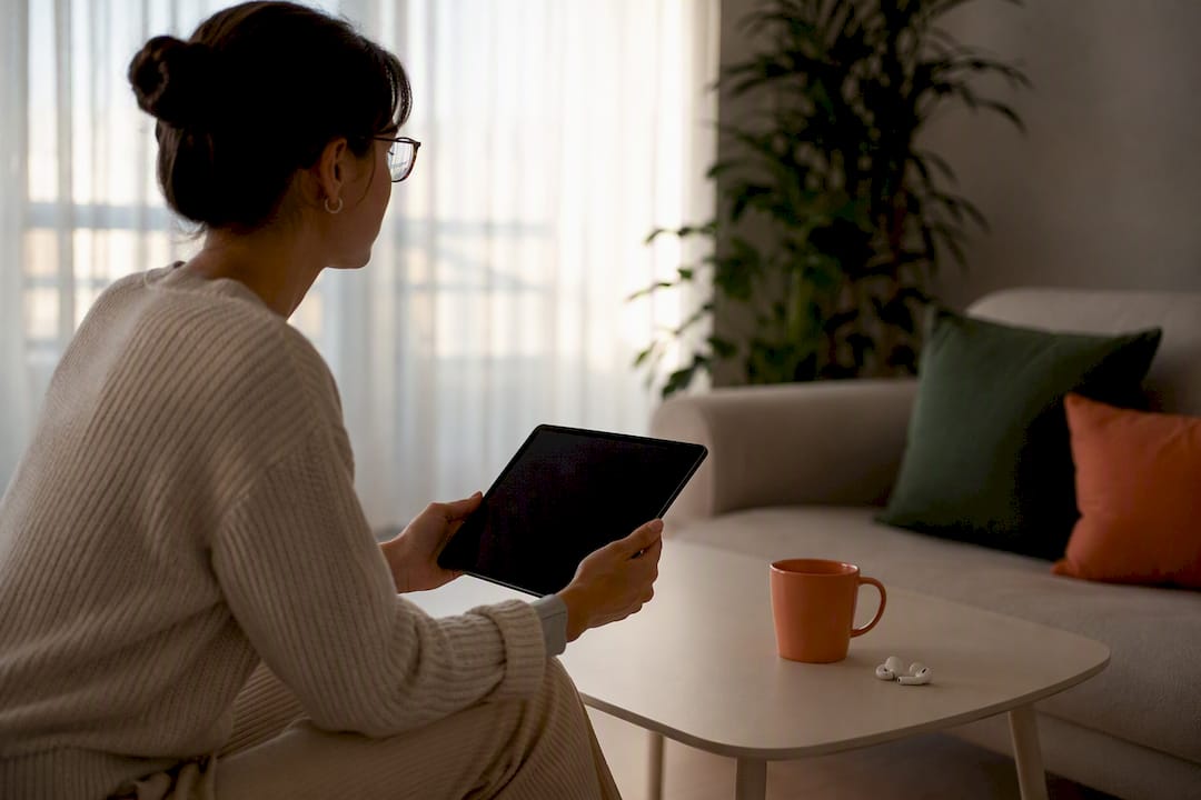 Person monitoring virtual meeting engagement on tablet
