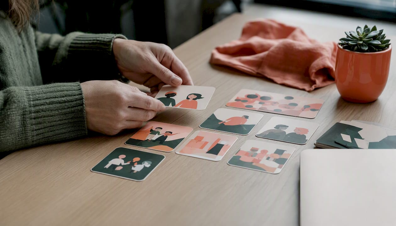 Hands shuffling colorful icebreaker cards