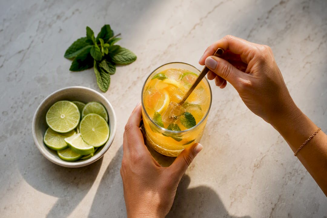 Hands preparing a citrus summer mocktail