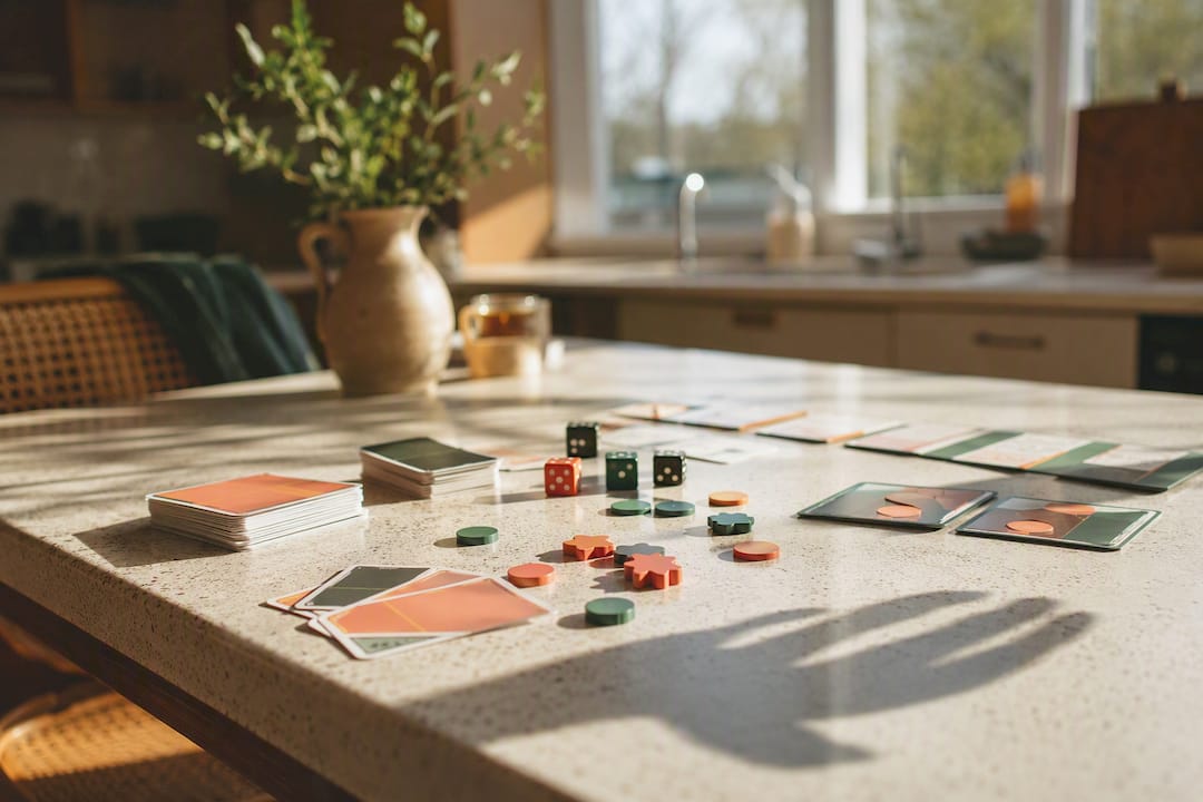 Game tokens and cards on wooden table