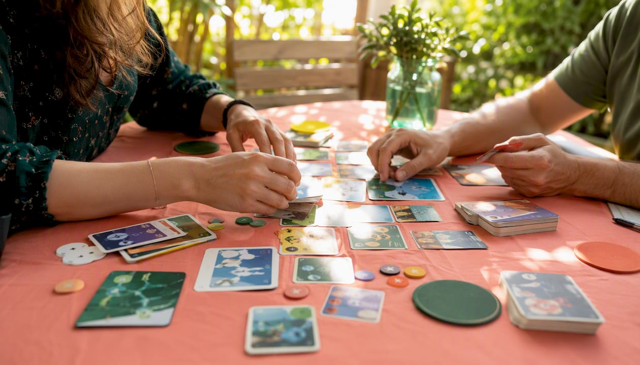 Hands selecting culture building game cards based on criteria