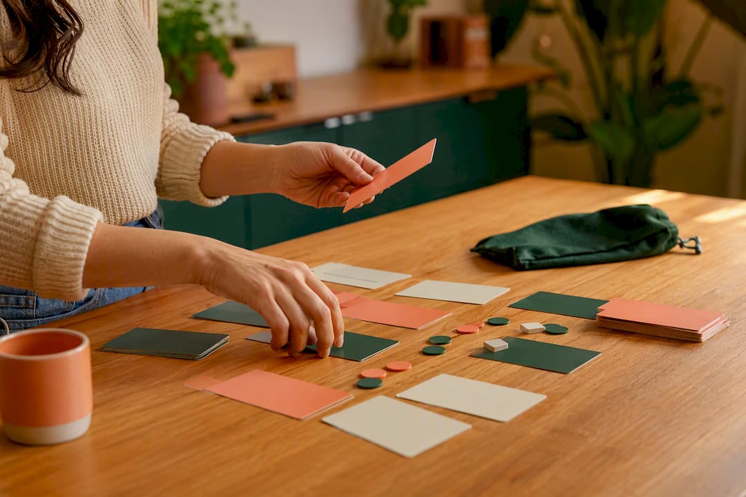 Hands arranging storytelling prompt cards and game pieces