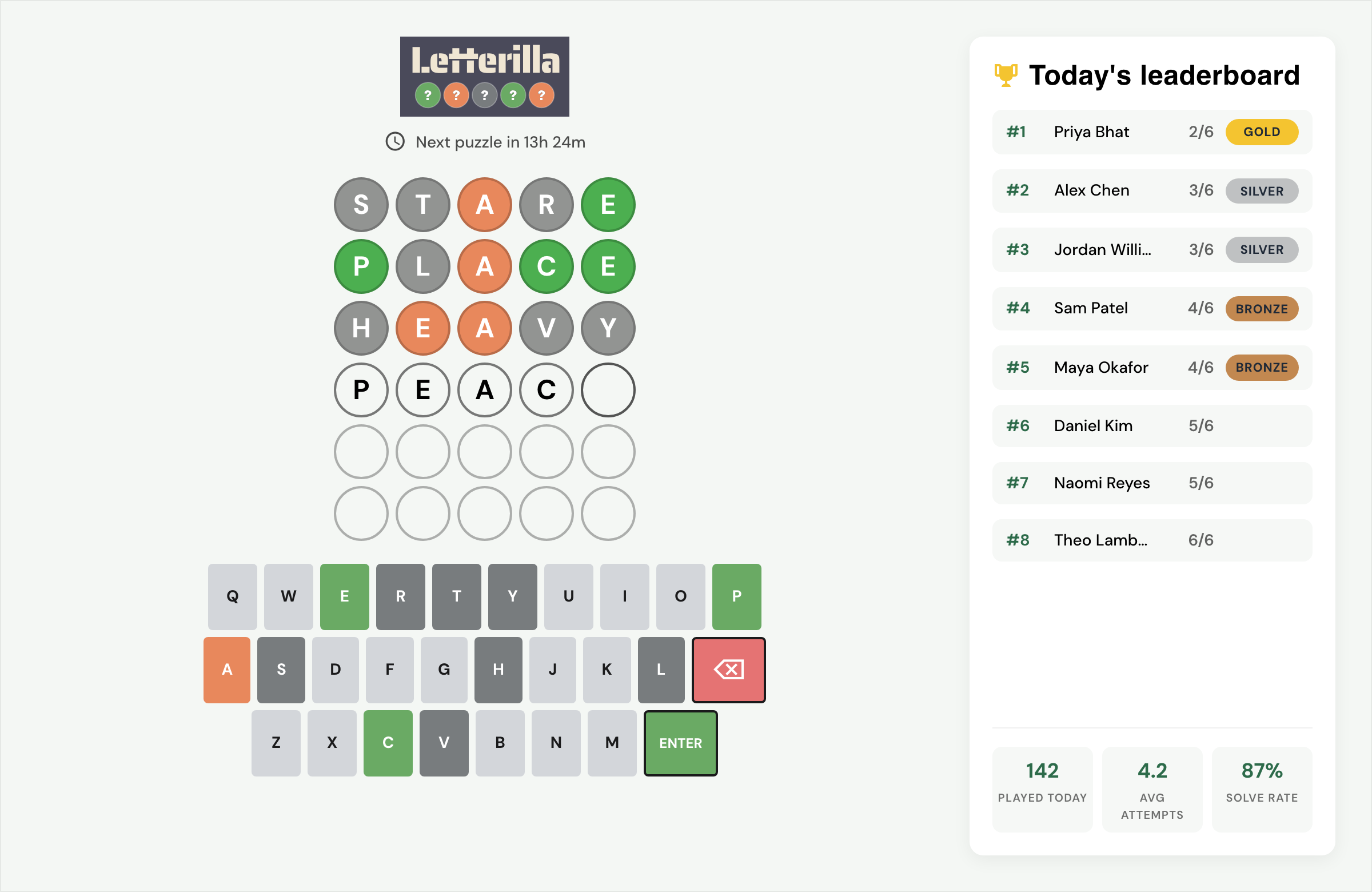 Letterilla daily word puzzle mid-play: three completed guesses with green, yellow and grey colour feedback, the on-screen keyboard, and today's team leaderboard