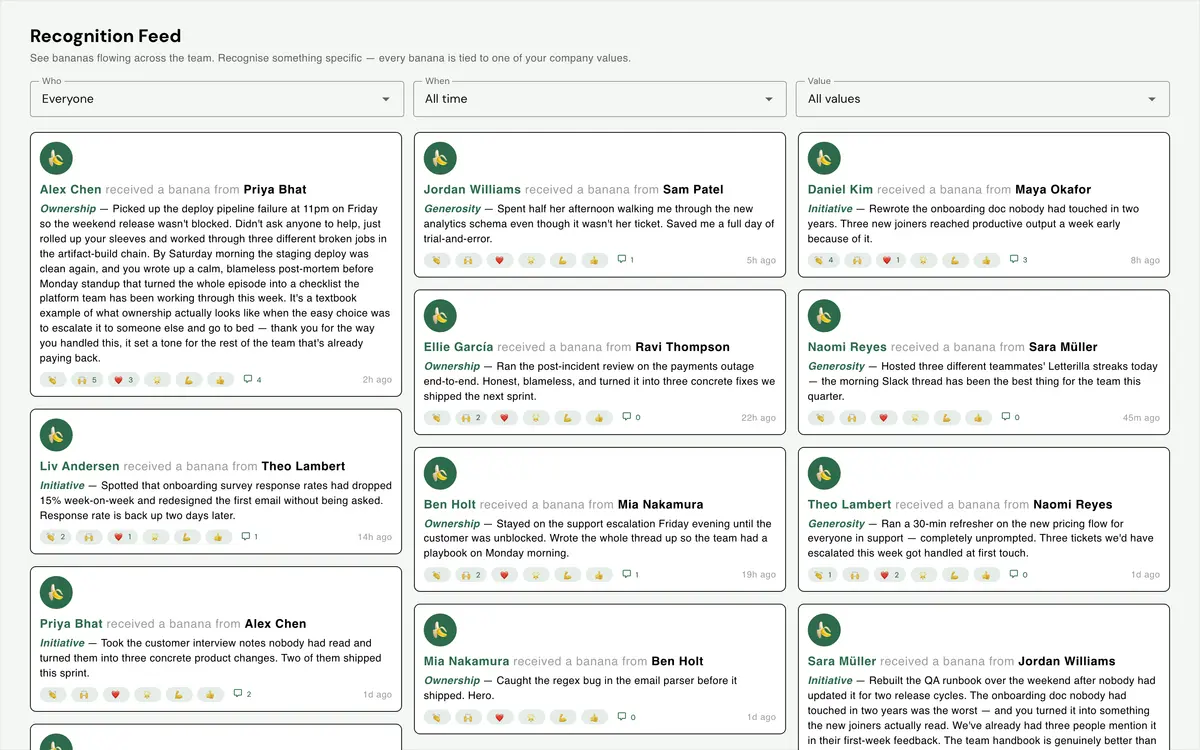 Gatherilla recognition feed showing peer-to-peer kudos posts between colleagues, each tagged to a company value such as Ownership, Generosity or Initiative, with emoji reactions and comment counts