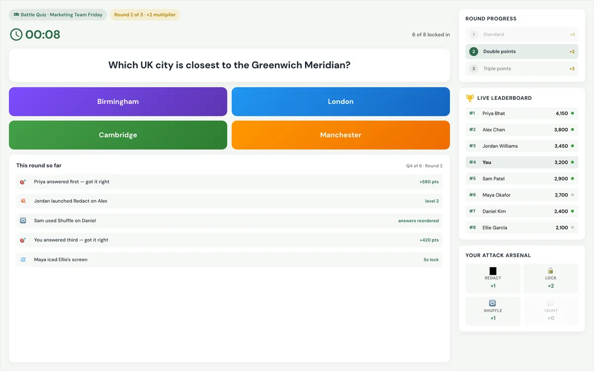 Live Battle Quiz session in Gatherilla: a trivia question with four colour-coded answer buttons, a countdown timer, an eight-player live leaderboard and power-ups like Redact, Lock and Shuffle