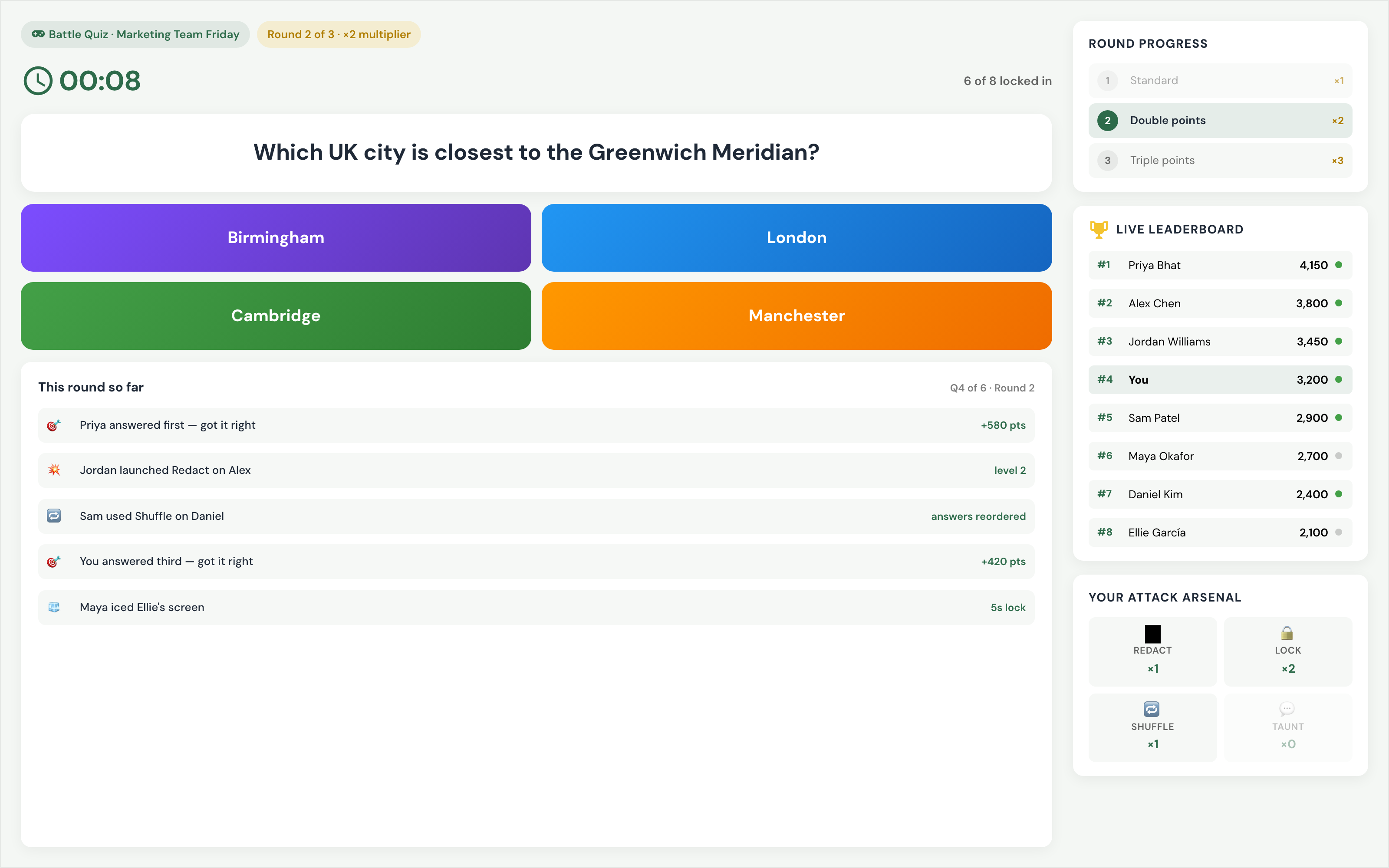 A live Battle Quiz session: question, four colour-coded answers, round progress, live leaderboard and players' attack arsenal